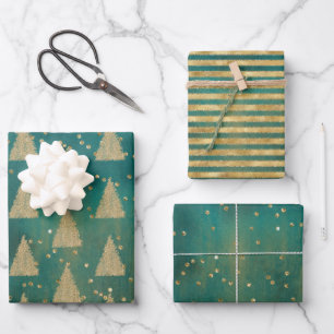 Teal Green Gold Glitter Christmas Tree    Wrapping Paper Sheet