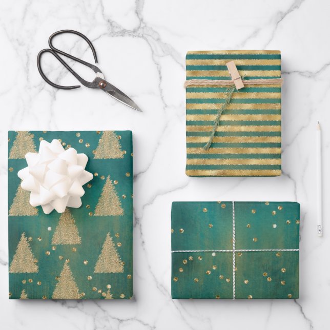 Teal Green Gold Glitter Christmas Tree    Wrapping Paper Sheet (Front)