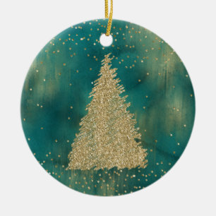 Teal Green Gold Glitter Shine Christmas Tree Ceramic Ornament
