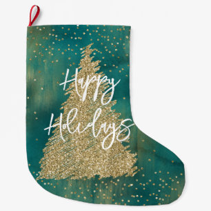 Teal Green Gold Glitter Sparkle Christmas Tree    Large Christmas Stocking