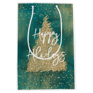 Teal Green Gold Glitter Sparkle Christmas Tree Medium Gift Bag