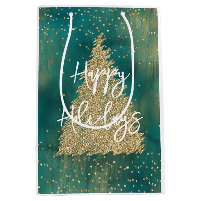 Teal Green Gold Glitter Sparkle Christmas Tree    Medium Gift Bag (Front)
