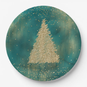Teal Green Gold Glitter Sparkle Christmas Tree Paper Plate
