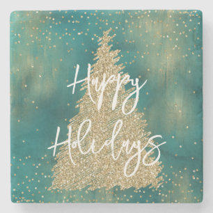 Teal Green Gold Glitter Sparkle Christmas Tree Stone Coaster