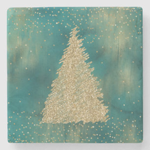 Teal Green Gold Glitter Sparkle Christmas Tree Stone Coaster