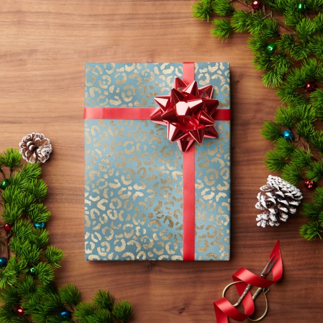 Teal Green Gold Leopard Print Wrapping Paper (Holiday Gift)