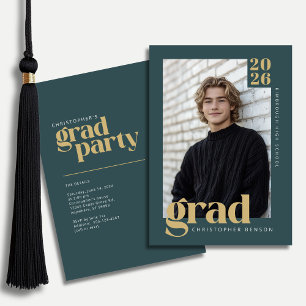 Teal Green Gold Modern Photo Graduation Party Invitation