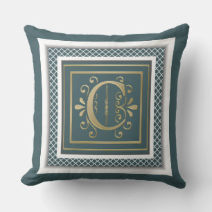 Teal Green Gold Monogram Throw Pillow