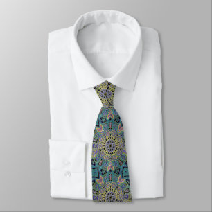 Teal Green Gold Purple Pentagram Mandala Tie