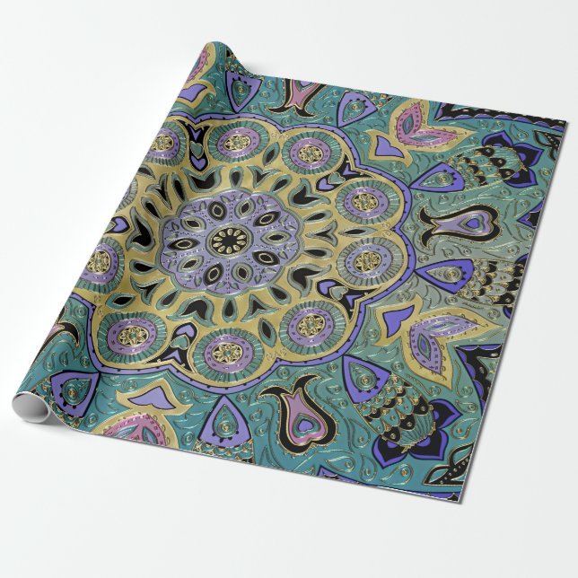 Teal Green Gold Purple Pentagram Mandala Wrapping Paper (Unrolled)