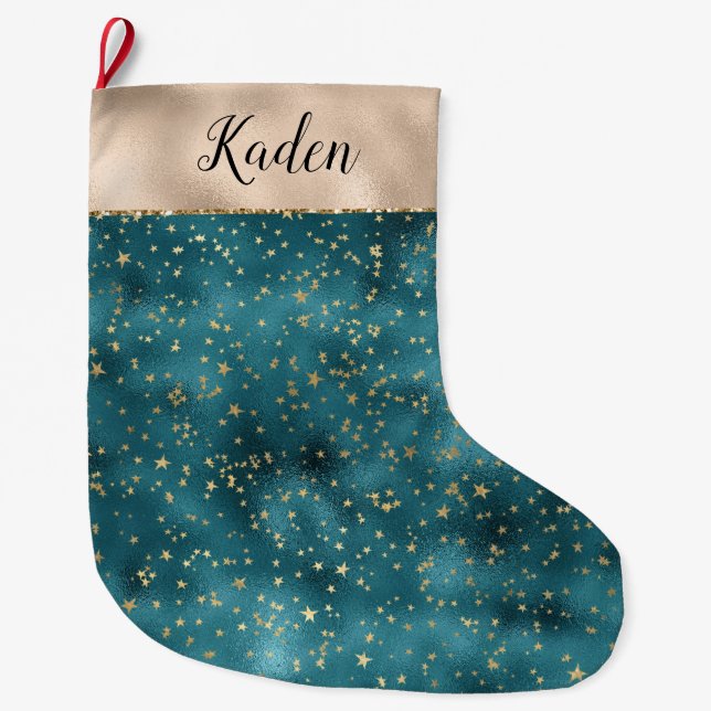 Teal Green Gold Stars Large Christmas Stocking (Front)