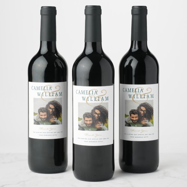 Teal Green Gold Wedding PHOTO Thank You Wine Label (Bottles)