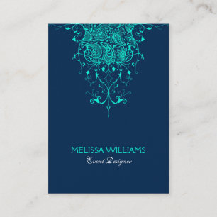 Teal Green Lace On Dark Blue Background Business Card