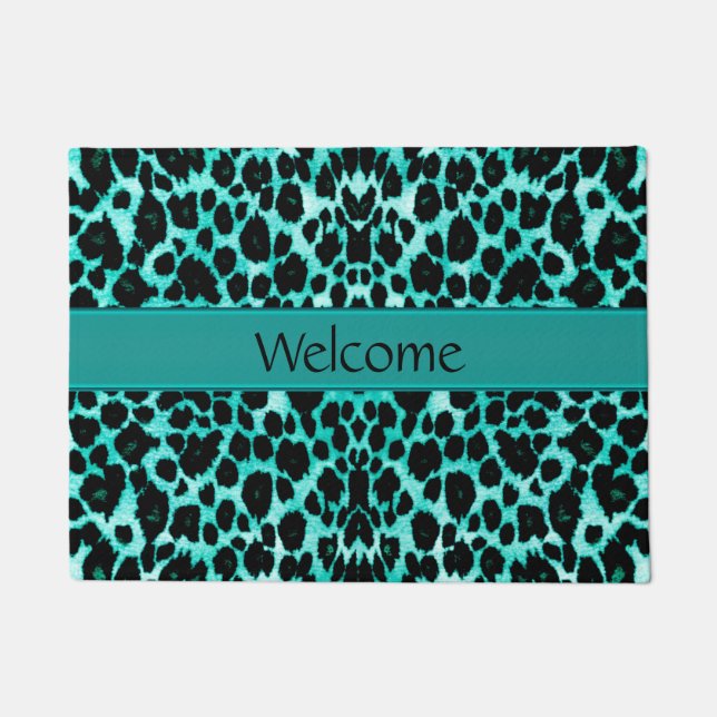 Teal Green Leopard Lover's Welcome Door Mat (Front)