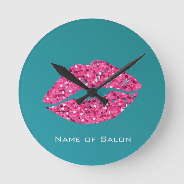 Teal Green Lips Beauty Salon Round Clock (Front)