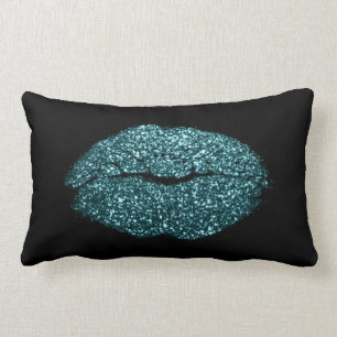Teal Green Lips Glitter Pastel Black Beauty Kiss Lumbar Pillow