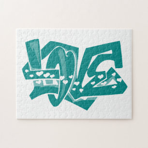 Teal Green Love Graffiti Jigsaw Puzzle