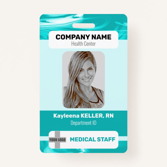 Teal Green Marble Photo Barcode Logo Medical Staff Badge (Front)