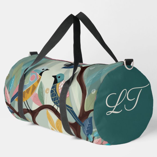 Teal green, modern colourful bird duffle bag (Left Corner)