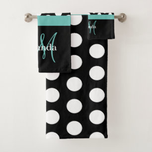 Teal Green Monogram Black White Polka Dot Bath Towel Set