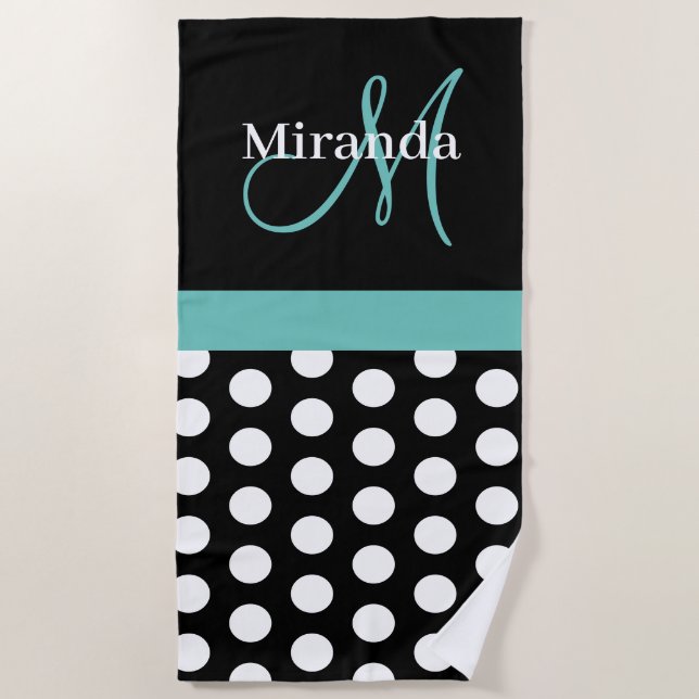 Teal Green Monogram Black White Polka Dot Beach Towel (Front)