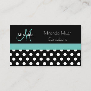 Teal Green Monogram Black White Polka Dot Business Card