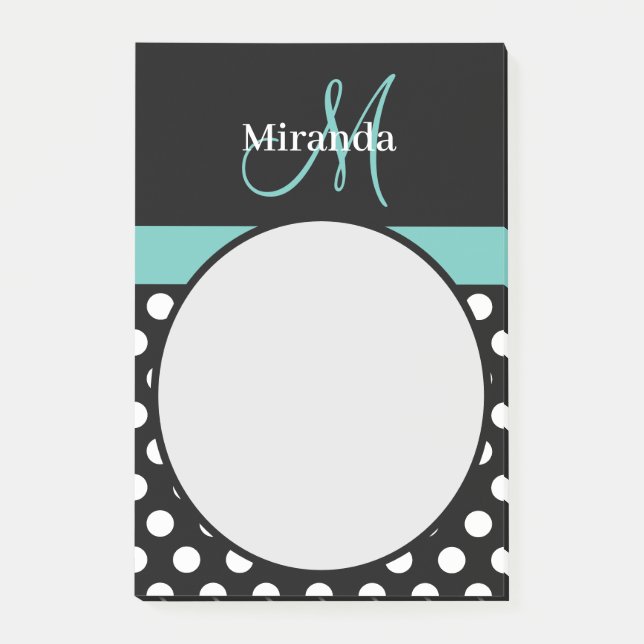 Teal Green Monogram Black White Polka Dot Post-it Notes (Front)