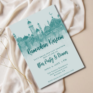 Teal Green Mosque Ramadan Iftar Dinner Party Invitation