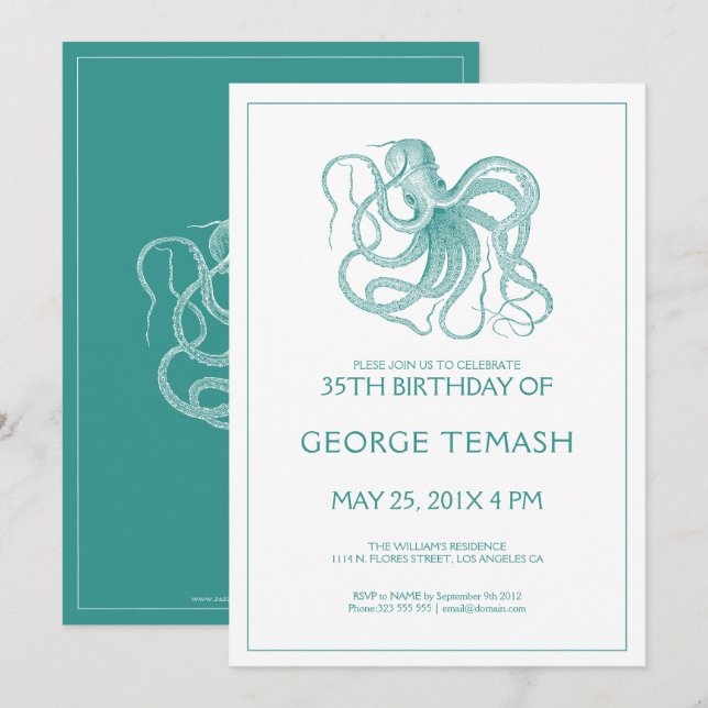 Teal-green nautical octopus birthday party Invite (Front/Back)