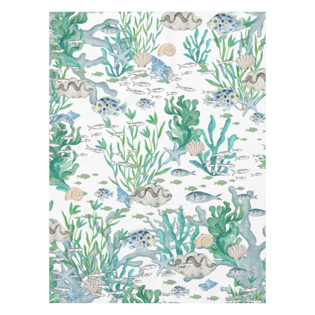 Teal Green Ocean Seashells Starfish Fish Coral Tablecloth (Front)