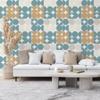 Teal Green Ochre Brown Beige Taupe Circles Pattern