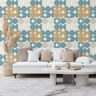 Teal Green Ochre Brown Beige Taupe Circles Pattern Wallpaper