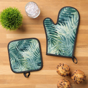 Teal Green Palm Leaves Oven Mitt & Pot Holder Set