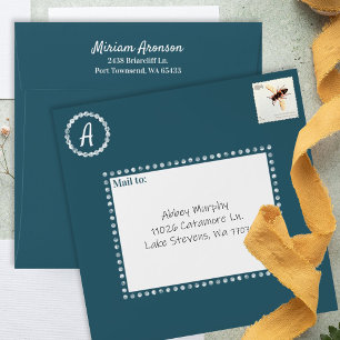 Teal Green Pre-addressed Monogram Bat Mitzvah Envelope