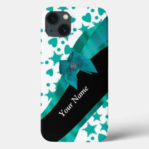 Teal green pretty spotty patterned personalized iPhone 13 case