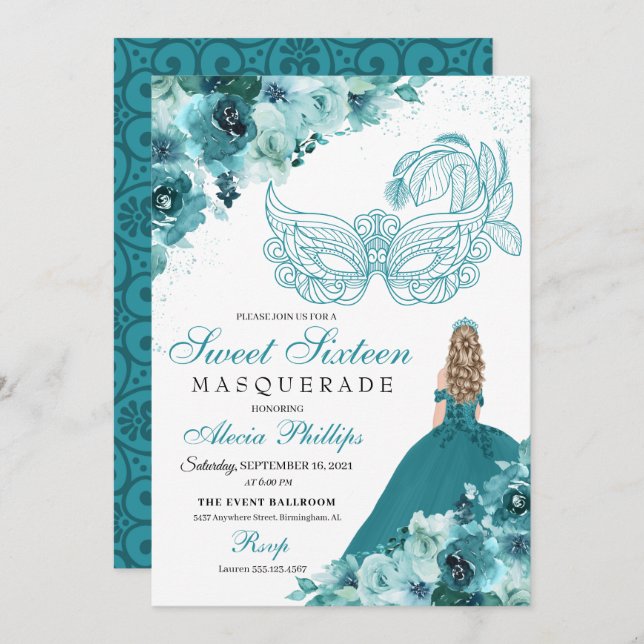 Teal Green Princess Masquerade Sweet 16 Invitation (Front/Back)