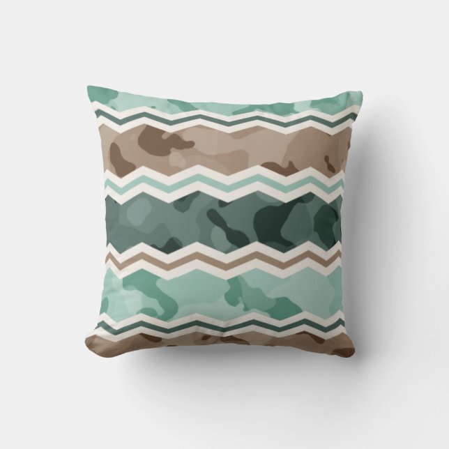Teal Green, Robins Egg Blue, & Brown Camo Chevron Throw Pillow (Front)