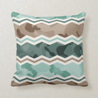 Teal Green, Robins Egg Blue, & Brown Camo Chevron Throw Pillow