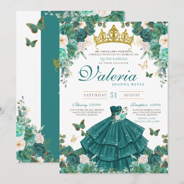 Teal Green Rose Butterfly Princess Quinceanera Invitation (Front/Back)