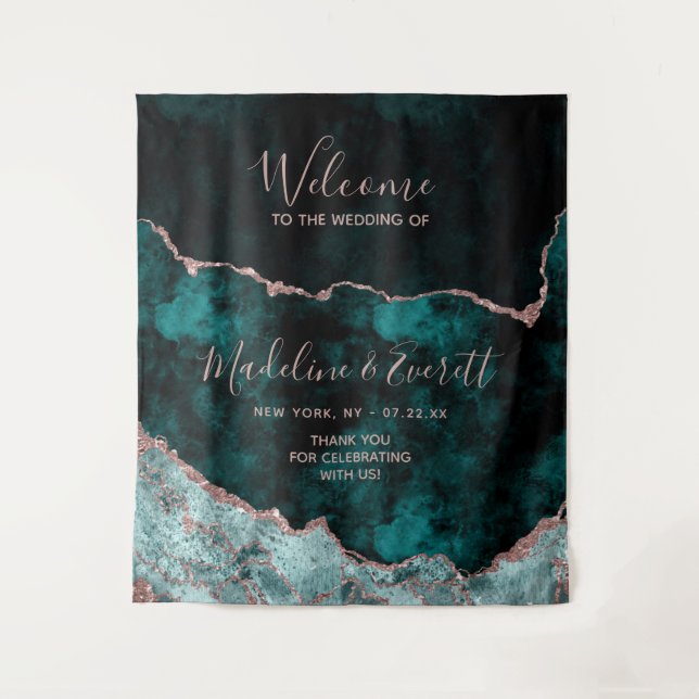 Teal Green Rose Gold Agate Marble Wedding Welcome Tapestry (Front)