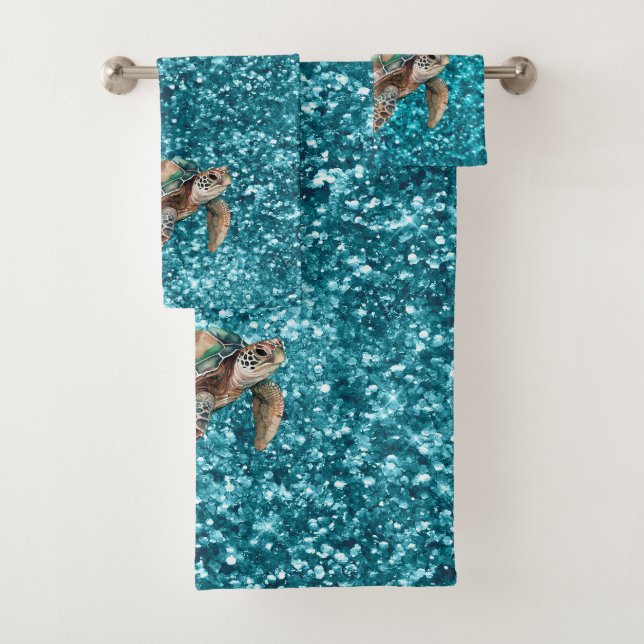 Teal Green Sea Turtle Bath Towel Set (Insitu)
