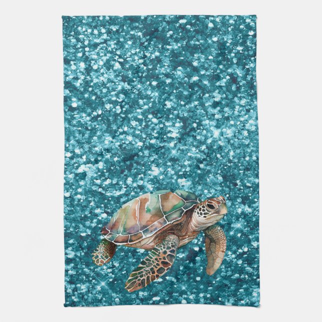 Teal Green Sea Turtle Kitchen Towel (Vertical)
