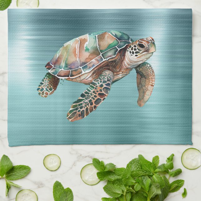 Teal Green Sea Turtle Kitchen Towel (Folded)