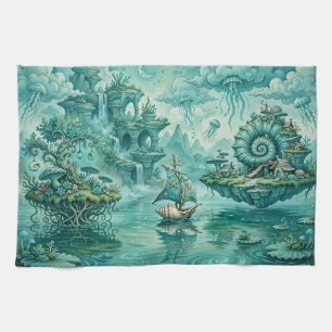 Teal Green Seascape Dream Surreal Fantasy Kitchen Towel