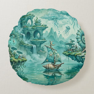 Teal Green Seascape Dream Surreal Fantasy Round Pillow