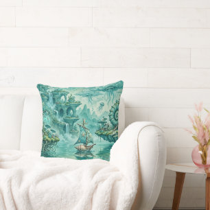 Teal Green Seascape Dream Surreal Fantasy Throw Pillow