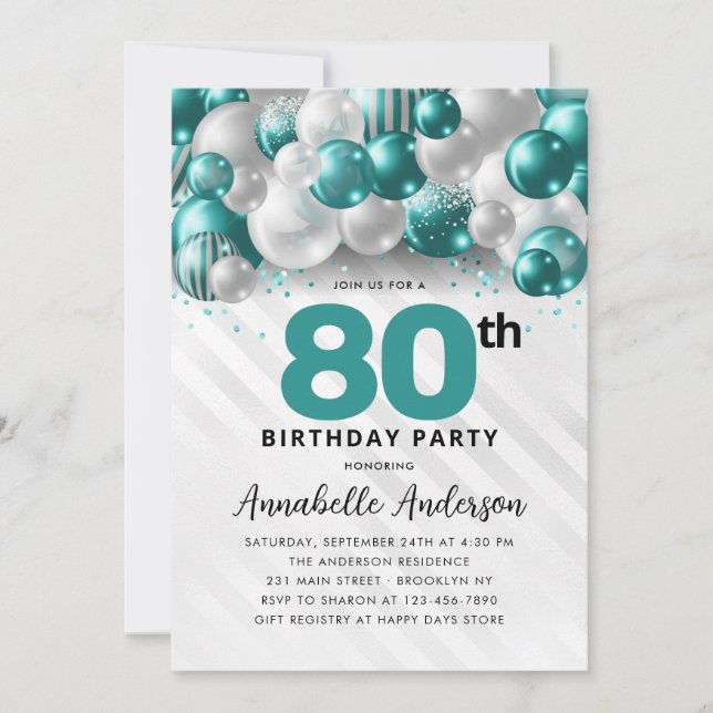 Teal Green Silver Balloon Glitter 80th Birthday Invitation (Front)