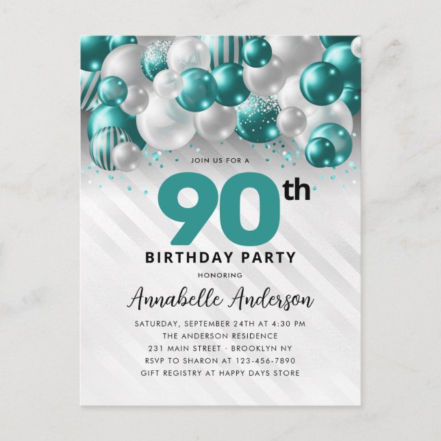 Teal Green Silver Balloon Glitter 90th Birthday  Postcard (Front)