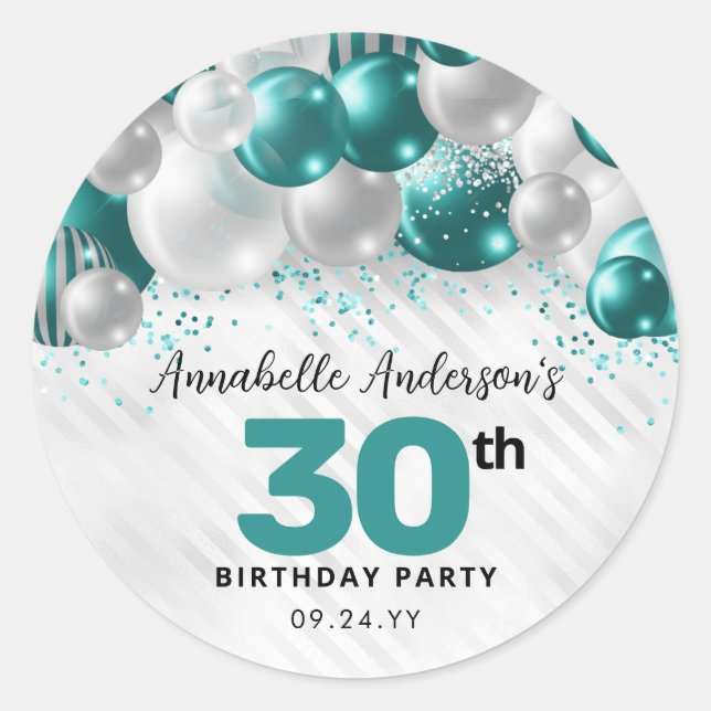 Teal Green Silver Balloon Glitter Favour Birthday Classic Round Sticker (Front)