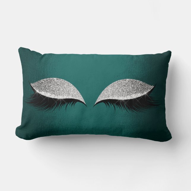 Teal Green Silver Glitter Black Glam Makeup Lashes Lumbar Pillow (Front)